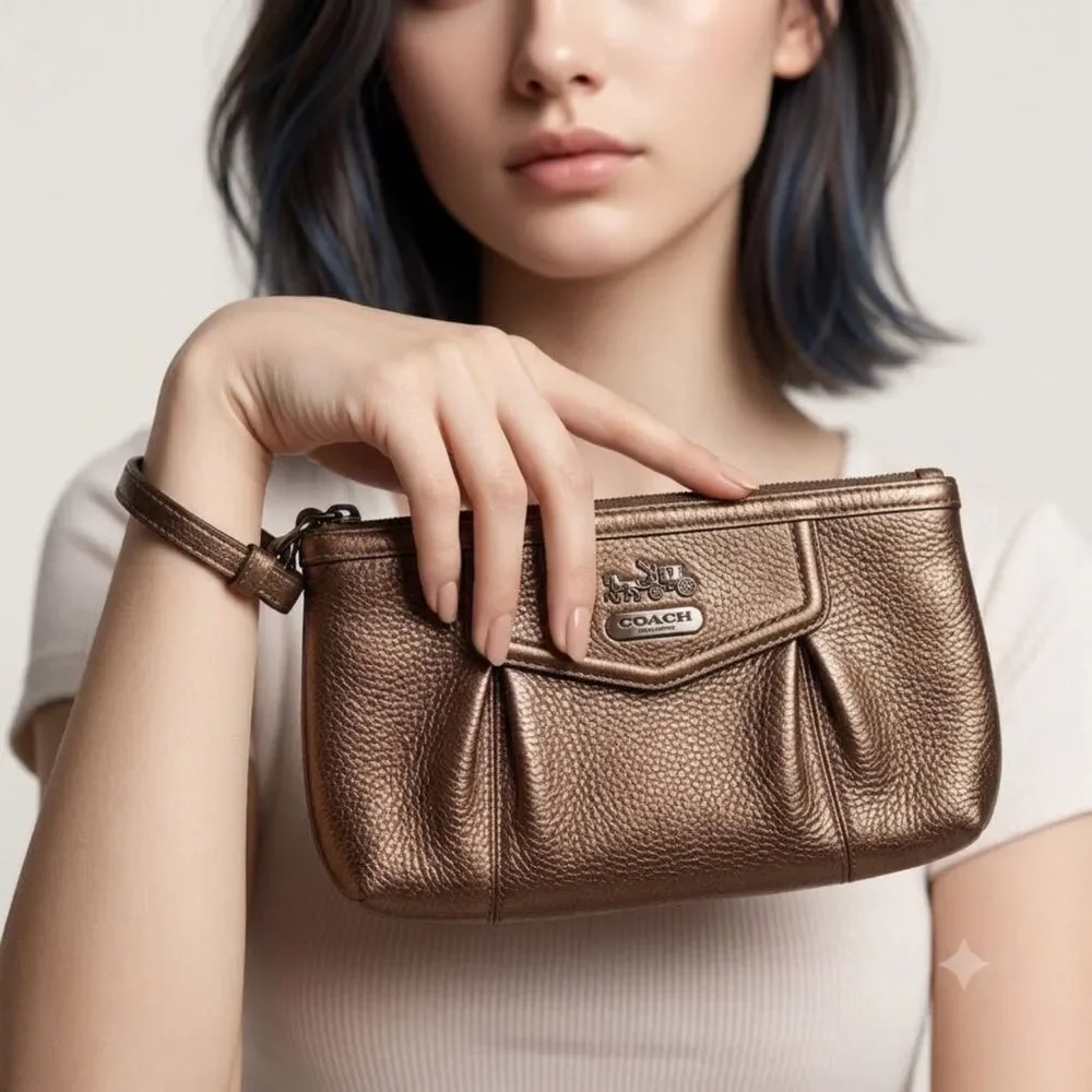 Coach Metallic Pebbled Bronze Pleated Coach Glam Wristlet Clutch Purse #43225